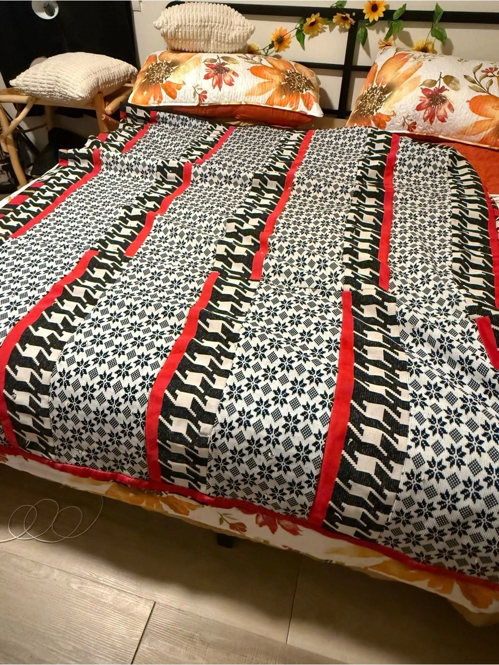 Reversible Black & White Patterned Comforter with Red Accent hand lade very warm